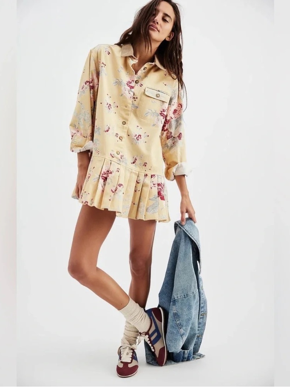 Free People Connor Printed Mini Dress - Denim - Yellow Flower Print